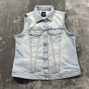 GAP Vest Women‎ Medium Blue Denim Distressed Bikercore Preppy Trucker Casual